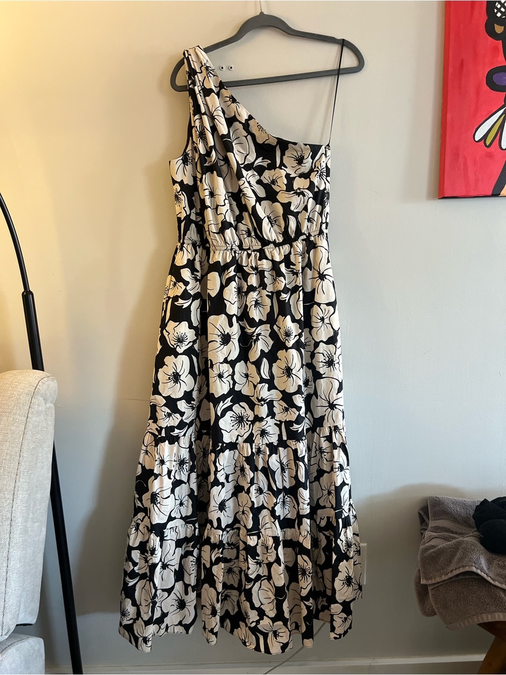 NWT English Factory Black and Cream Floral One-Shoulder Maxi with pockets
